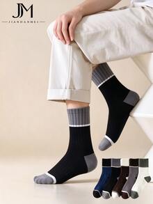 Men's Colorblock Ribbed Mid-Calf Cotton Socks, Vintage Contrast Color Breathable Sweat-Absorbent Versatile Casual Long Socks, 5 Pairs - Multicolor - View 1