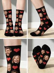 1 Pair Personalized Customized Black Knitted Comfortable Romantic Face & Heart Print Socks, Suitable For Anniversary/Gift Occasions, Unique Gift, Creative Photo, Valentine's Day - Multicolor - View 5