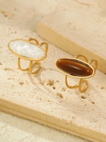 1 Pair European & American Fashion High-End Minimalist Geometric Oval Light Luxury Rings Hip-Hop Tiger Eye Stone Opalesca Inlaid Finger Rings For Women - Multi-color*2 - View 2