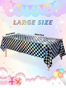 Holographic Black & Silver Checkerboard Tablecloth, 54 X 72 Inch Rectangular Plastic Table Cover For Birthday Parties, Disco Events & Celebrations - Black - View 6
