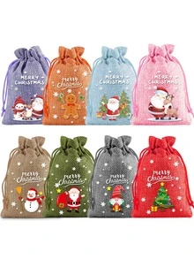 Colorful Christmas Linen Gift Bag Set, Santa Claus Drawstring Pouch, Suitable For Holiday Party Gifts And Jewelry Storage, Ideal Choice For Christmas And New Year Party Supplies - Multicolor - View 1