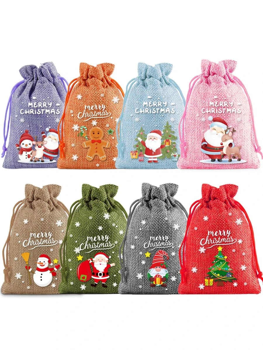 Colorful Christmas Linen Gift Bag Set, Santa Claus Drawstring Pouch, Suitable For Holiday Party Gifts And Jewelry Storage, Ideal Choice For Christmas And New Year Party Supplies - Multicolor - View 1