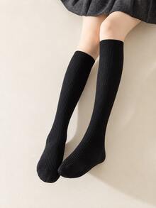 1 Pair Women's Solid Color Vertical Striped Calf Socks, High Tube Long Socks, Elastic Slimming Ribbed Long Socks, Black Grey White Versatile Preppy Style Warm Boot Socks, Autumn/Winter - Multicolor - View 4