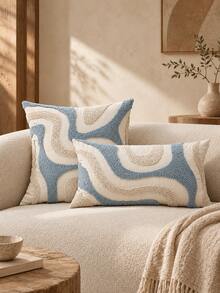 1pc Blue & White Asymmetrical Color Block Pillow Case, Flocked & Tufted Craft, Abstract Wave Texture Bohemian Cushion Cover, Decorative Pillowcase For Daily Room Bed Decor, Suitable For Sofa, Bedroom, Living Room Home Decoration, Pillow Insert Not Included - Multicolor - View 5