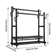 Double‑Pole Floor‑Standing Movable Coat Rack With Universal Casters For Easy Movement, Side Hooks, Double‑Layer Storage Space, Thickened Stable Tubing, Available In Black And White, Provides Large‑Capacity Storage For Clothes, Hats And Shoes - A - View 12