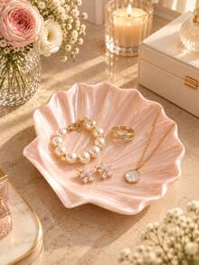 3pcs Pink Shell Jewelry Tray Set, Elegant Ocean Inspired Design, Fashion Storage Tray, Suitable For Necklace, Ring, Bracelet, Earring Storage, Can Be Placed On Vanity, Vanity Countertop And Bedroom, Exquisite Home Decor Shell Tray, Jewelry Storage Rack, Vanity Decor, Creative Gift - Multicolor - View 2