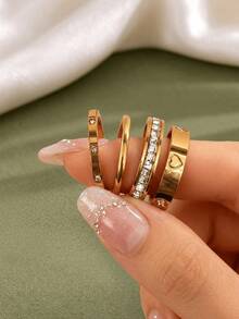 4pcs Luxury Style 304 Stainless Steel Ring Set, Smooth Plain Band, Heart-Shaped Rhinestone, Scattered Rhinestone Thin Ring, Single Row Rhinestone Ring, Non-Fading Daily Wear, Valentine's Day, Christmas, Best Friend Birthday Gift - Heart Zirconia 4-piece Set - View 6