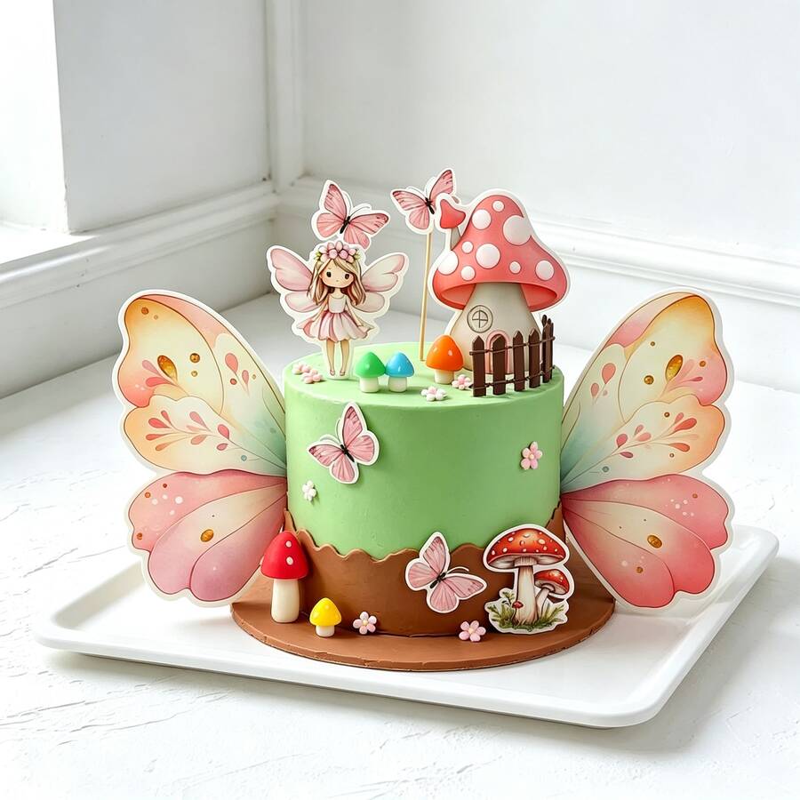 15Pcs Fairy Forest Theme Cake Topper Set Butterfly Wings Elf Mushroom Fairy Girl Birthday Party Baking Decoration Picks - View 1