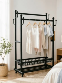 Double‑Pole Floor‑Standing Movable Coat Rack With Universal Casters For Easy Movement, Side Hooks, Double‑Layer Storage Space, Thickened Stable Tubing, Available In Black And White, Provides Large‑Capacity Storage For Clothes, Hats And Shoes - A - View 9