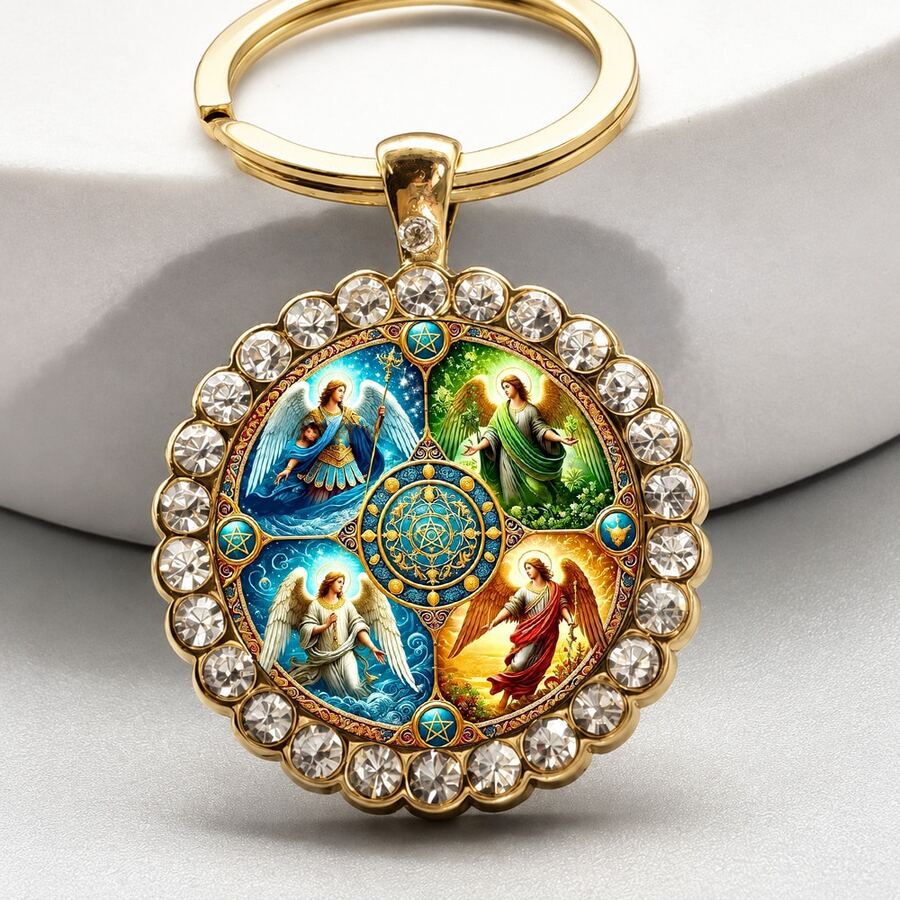 1PC Four Archangels Round Keychain - Gabriel, Michael, Raphael, Uriel | Fashionable Bag And Car Key Decoration, Gift For Valentine's Day, Thanksgiving, Christmas, Anniversary And Angel Lovers - Gold - View 1