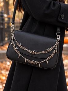 Halloween Silver Bat Double Layer Decorative Chain, Spiked Pendant, Winged Engraved Design, Jewelry Keychain Pendant, Gothic Style Chain Bag Charm, Bag Charm Pendant, Bag Charm, Decorative Chain, Keychain, Wallet Accessory, Bag Strap Chain Pendant - Multicolor - View 5