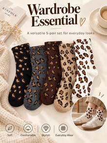 5/10 Pairs Women's Leopard Print Mid-Calf Socks - Comfortable Casual, Breathable & Moisture-Wicking, Fun & Novelty Gift, Suitable For Autumn/Winter - Multicolor - View 8