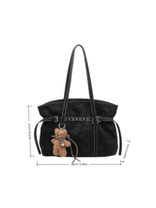 1PC Fashion Metal Buckle Decor PU Fabric Shoulder Underarm Large Capacity Tote Bag For Women, Cool Wide Strap With Bear Accessory, Versatile Solid Color, Suitable For Daily, Business Trip, Photography, Date, Travel And More - Black - View 12