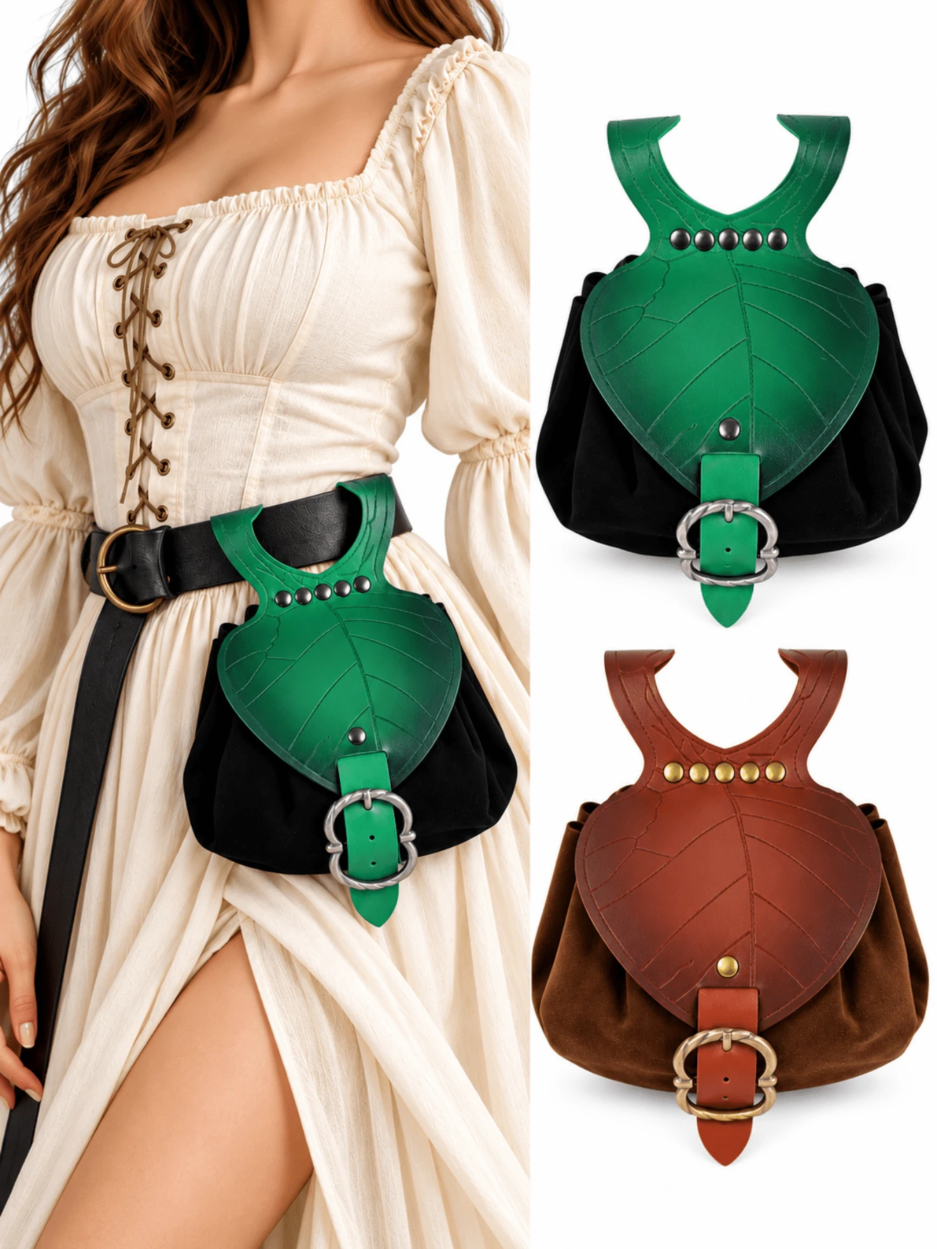 1pc Medieval Belt Pouch, Renaissance Festival PU Leather Coin Purse, Elf Leaf Shaped Waist Bag, Portable Bag With Drawstring, Suitable For Renaissance Fair LARP, Witch And Wizard Cosplay Accessories, Halloween Costume Accessory - A - View 1