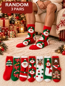 1/3/5/7 Pairs Unisex Christmas Santa Claus, Reindeer, Snowman Pattern Red & Green Contrast Color Plush Mid-Calf Socks, 3D Fluffy Pattern With Soft Cuff, Warm And Comfortable, Cute Holiday Style, Suitable For Winter Home, Christmas Party And Gift Giving - Multicolor - View 5