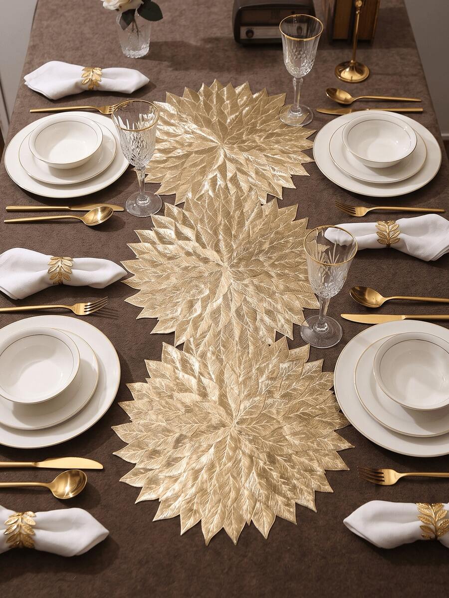 1pc Gold Radiating Leaf Patchwork PVC Table Runner, Foil Stamped ...