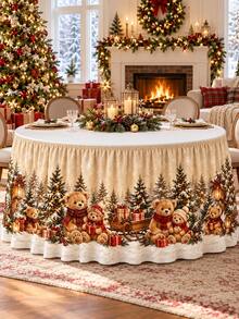 Christmas Table Skirt, Santa Claus Snowman Teddy Bear Sleigh Reindeer Snowflake Gift Box Print Elastic Table Edge Apron, Cute Festive Holiday Decoration, Suitable For Dessert Table, Family Gathering, Christmas Party And Winter Party Decor - Multicolor - View 18