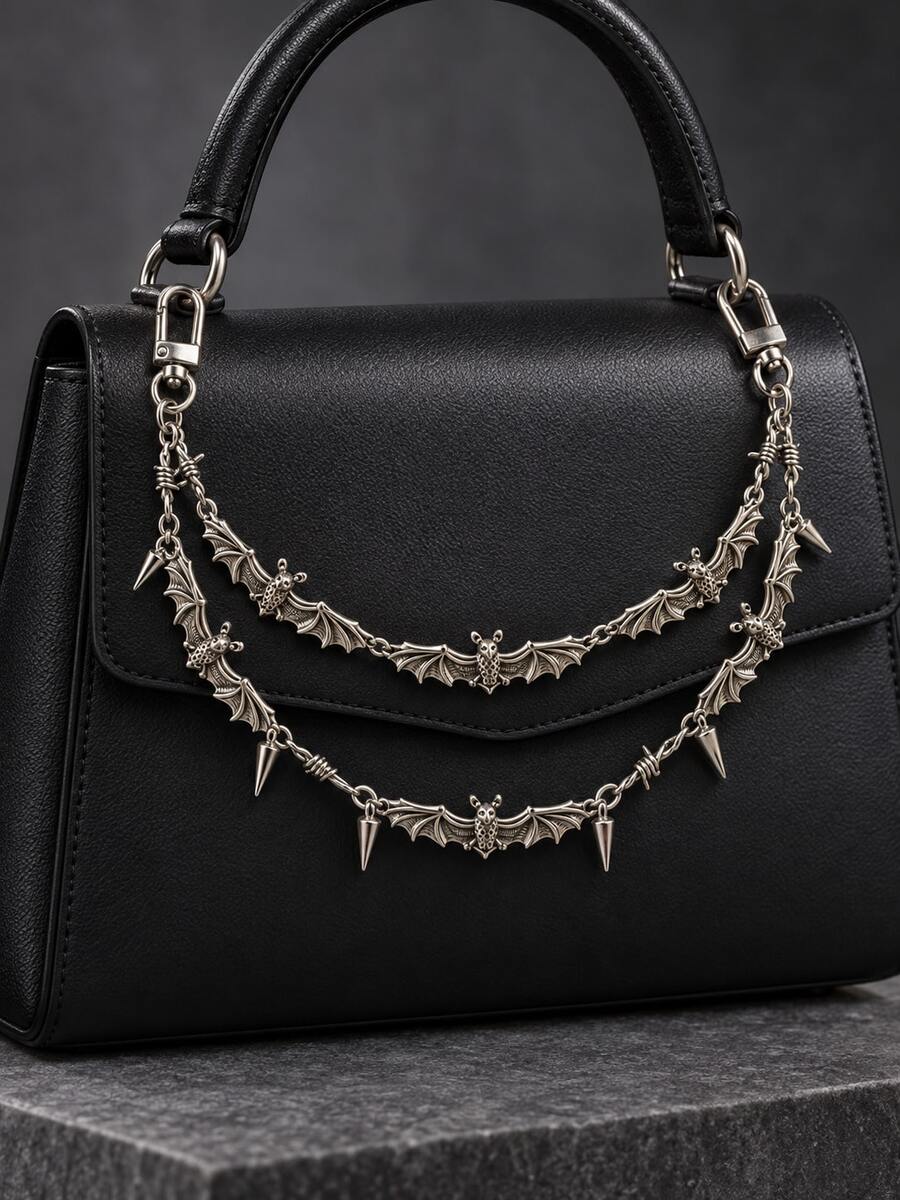 Halloween Silver Bat Double Layer Decorative Chain, Spiked Pendant, Winged Engraved Design, Jewelry Keychain Pendant, Gothic Style Chain Bag Charm, Bag Charm Pendant, Bag Charm, Decorative Chain, Keychain, Wallet Accessory, Bag Strap Chain Pendant - Multicolor - View 1