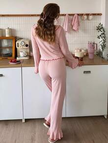 2pcs/Set Women's Solid Color Ruffle Collar Tie Front Long Sleeve Top And Flare Pants, Breathable Elegant Loungewear Pajama Set - Pink - View 3