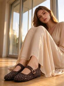 Round Toe Leopard Print Rhinestone Decor Women's Flat Mary Jane Ballet Shoes Fashion Casual Daily Commute Buckle Flat Shoes - Leopard - View 6