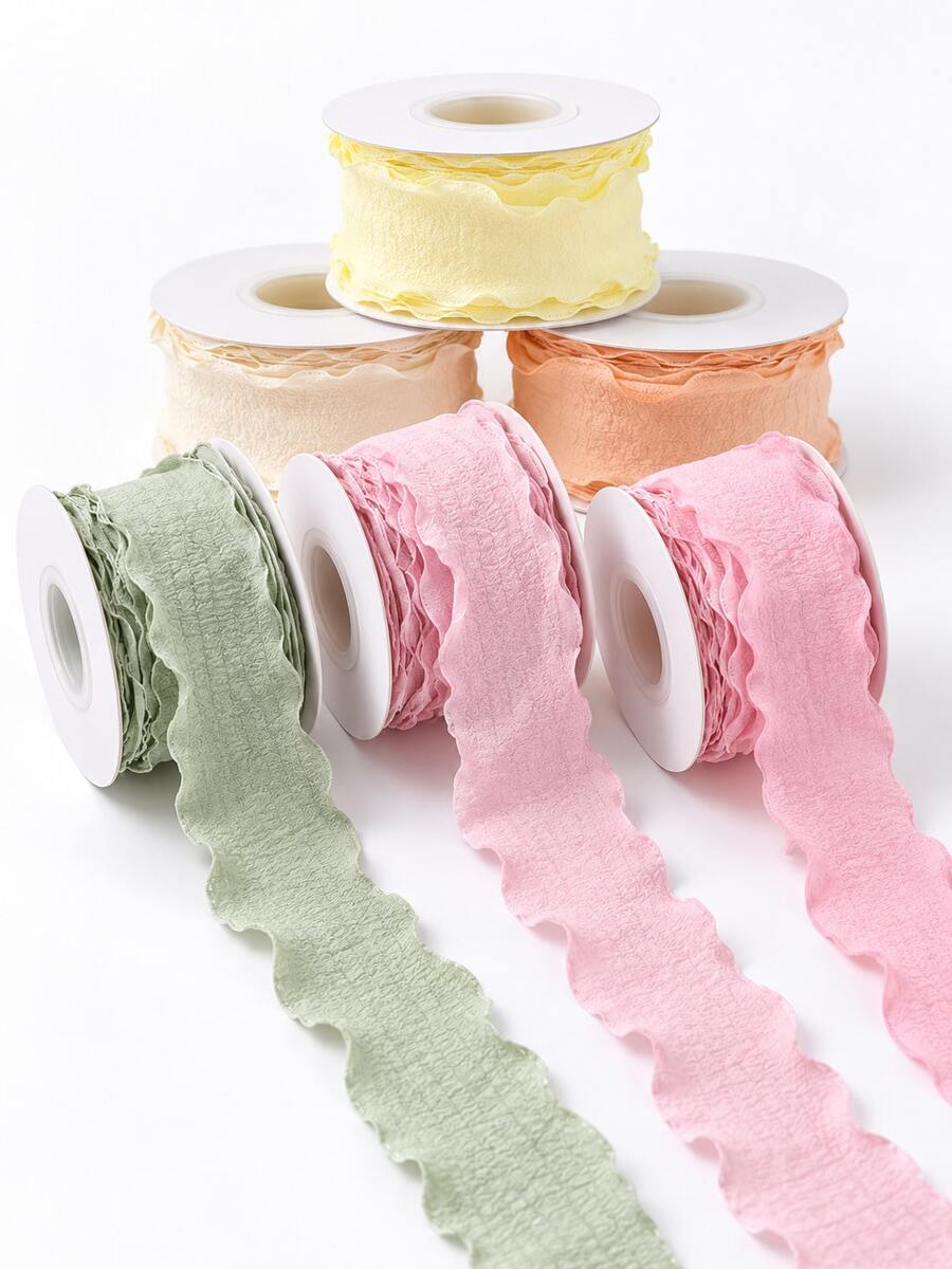 1 Roll Lotus Leaf Wavy Edge Crinkled Chiffon Ribbon - Macaron Ruffle Pleated Fabric Ribbon Roll, For Bridal Bouquet Ties, DIY Hair Bows, Gift Wrapping And Wedding Crafts - Pleated Webbing - View 1