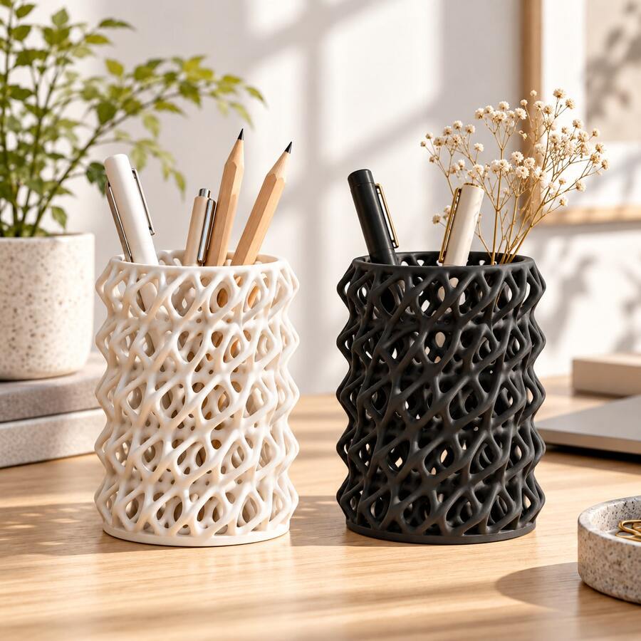 1pc Hollow Wave Pencil Holder, 3D Printed Mesh Desktop Organizer, Aesthetic Wave Pencil Cup, Suitable For Office Home Desktop Storage, Makeup Brush Holder Gift - Multicolor - View 1