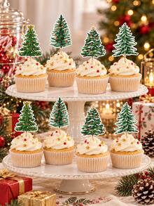 24/48pcs Christmas Tree Cupcake Toppers, Evergreen Tree Pattern, Christmas Theme Party, Birthday Party, Holiday Celebration Cake Decoration, Dessert Table And Party Supplies - Style a - View 1