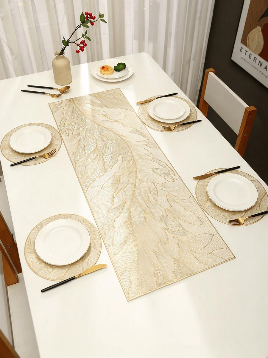 Gold Vein Table Runner & Placemat Set, Luxury Round Placemats & Rectangular Table Runner, Suitable For Home Banquet Table Decor - Gold - View 1