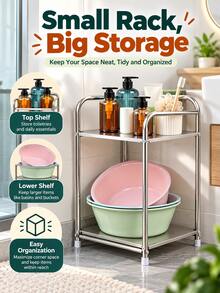 1pc, Double-Layer Large Capacity, Approx. 30.5*28.5*50.5cm, Layer Height Approx. 32cm, Sturdy Load-Bearing, Durable Rust-Resistant, Metal Material, Double-Layer Storage Rack, Minimalist Modern Style, Silver Appearance, Rectangular Vertical Structure, Raised Guardrail Design, Upper And Lower Double-Layer Storage Space, Open Access, Classified Storage, Space-Saving, Stable Structure - Multicolor - View 6