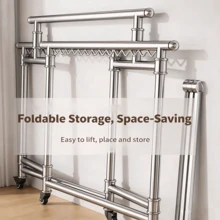 1pc Floor Stainless Steel Drying Rack With Lockable Casters (Compatible With Adult Hangers), Multi-Tier & Multi-Rod Movable Clothes Airer For Hanging Clothes And Drying Quilts On Balcony And Indoors, Suitable For Clothes Storage And Drying At Home - A - View 6