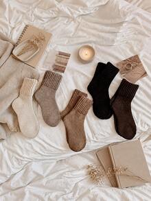 5 Pairs/1 Pair Comfortable Thick Fleece Warm Mid-Calf Socks, Elastic Ribbed Knit Winter Socks With Earth Tone Terry Lining, Suitable For Boots And Indoor/Outdoor Wear, Random Color, 2/6/10/20 Pairs - Set a - View 4