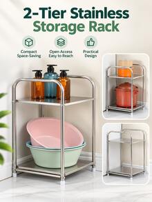 1pc, Double-Layer Large Capacity, Approx. 30.5*28.5*50.5cm, Layer Height Approx. 32cm, Sturdy Load-Bearing, Durable Rust-Resistant, Metal Material, Double-Layer Storage Rack, Minimalist Modern Style, Silver Appearance, Rectangular Vertical Structure, Raised Guardrail Design, Upper And Lower Double-Layer Storage Space, Open Access, Classified Storage, Space-Saving, Stable Structure - Multicolor - View 2