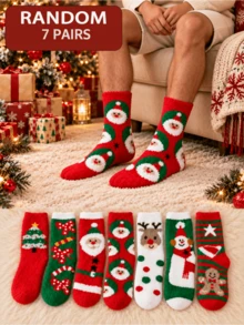 1/3/5/7 Pairs Unisex Christmas Santa Claus, Reindeer, Snowman Pattern Red & Green Contrast Color Plush Mid-Calf Socks, 3D Fluffy Pattern With Soft Cuff, Warm And Comfortable, Cute Holiday Style, Suitable For Winter Home, Christmas Party And Gift Giving - Multicolor - View 8
