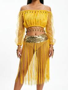 Sequin Off Shoulder Mesh Long Sleeve Crop Top Tassel, Sequin Waistband Long Fringe Hip Scarf Skirt, Fringe Sway Stage Collection Statement Wear, Multi-Color Available - Multicolor - View 4