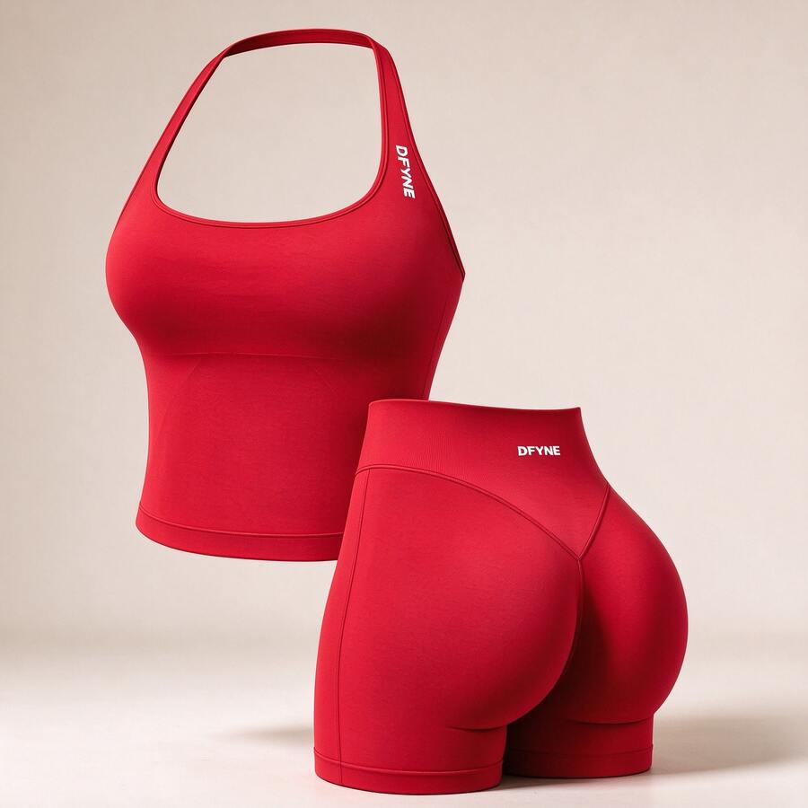 Women Two-Piece Outfits - Bright Red (vest + Shorts) - View 1