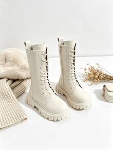 Toddler Girls White Knee-High Combat Boots, Lace-Up Side Zipper Thick Sole Winter Boots, Kids Chunky Sole Non-Slip High-Top Boots (White Boots Random 2 Colors Lining) - Beige - View 3