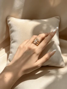 18K Gold Plated Rectangular Crystal Stackable Ring Set For Women, Multi-Layer CZ Rhinestone Thick Band, Copper Personalized Finger Jewelry - Gold - View 3