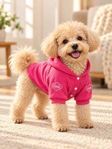 1PC Pink Dog Hoodie With Heart Embroidery, Button-Front Pet Sweatshirt For Small To Medium Dogs & Puppies, Fall & Winter Outfit, Valentine's Day, Birthday & Christmas Gift, M/L - Pink - View 2