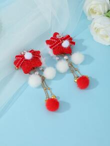 1pc Vintage Red Plaid Bow Hair Clip With Large Fur Ball, Pearl And Bell Pendant - Red - View 2