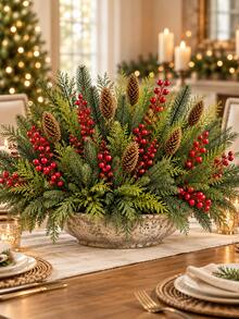 35pcs Artificial Christmas Greenery Stem Set, Includes Pine Branches, Cedar Branches, Red Berry Decorative Stems And Pine Cone Stems, Bendable DIY Winter Floral Decoration, Suitable For Vases, Flower Pots, Window Boxes, Table Centerpieces And Porch Decor - Multicolor - View 1
