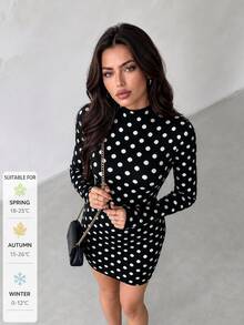 SUNSTORY Women's Black Polka Dot Knitted Slim Fit Sweater Dress, Suitable For Autumn/Winter, Commuting, Outing, Party, Christmas, New Year - Black - View 6