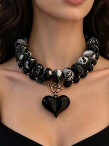 1/2pcs Vintage Leopard Print Heart Pendant Beaded Choker Necklace, Women's Style, Multi-Color Mixed Beads T-Bar Clasp Fashion Exaggerated Jewelry - Multicolor - View 2