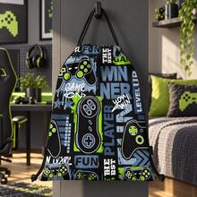 Boys And Teens Game Text And Green Controller Print Drawstring Backpack, Black Design With Green Cord Lock, Suitable For School, Gym And Travel - GAME-4 - View 4
