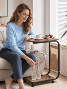 Mobile C-Shaped Sofa Side Table. It Features Double-Tier Storage Surfaces And A Side Storage Pocket. Built With A Sturdy Frame And Space-Saving Design, Perfect For Laptops And Books. Works Great In Living Rooms And Bedrooms. - Random Color - View 5