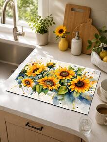 1pc Watercolor Sunflower Floral Print Kitchen Countertop Mat, Dish Drying Mat, Absorbent Dish Drying Mat, Coffee Machine Mat, Dishwashing Mat, Sink Mat, Kitchen Countertop Protector, Suitable For Cups, Plates, Tableware And Kitchen Decor - Multicolor - View 2