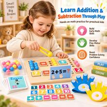 Montessori Wooden Math Toy For Kids, Addition And Subtraction Counting Board With Beads, Number Blocks, Tweezers And 20 Double-Sided Cards, Preschool Fine Motor Skills Educational Learning Game - Multicolor - View 3