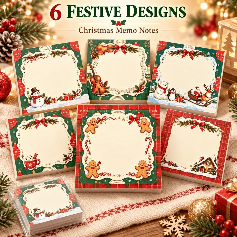6pcs Christmas Notebook Set, Holiday Printed Paper Notebooks, Compact Square Writing Cards, Large Blank Area, Cute Holiday Stationery, Suitable For Diary, Gifts, Office, Study, Back To School, Parties And Christmas Decoration - one-size - View 1