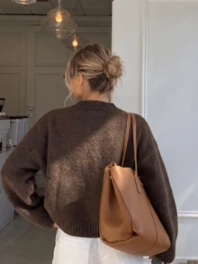 1pc Women's Coffee Brown Semi-High Neck Dropped Shoulder Long Sleeve Knit Sweater, Short Loose Fit Pullover Top, Minimalist Basic Style For Street, Daily Wear, Weekend Gatherings - Coffee Brown - View 5