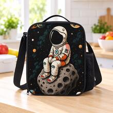 Astronaut On Asteroid And Planet Print Boys Children Lunch Bag, Black Zipper Handbag With Top Handle, Shoulder Strap And Side Mesh Pocket - ASTRONAUT-21 - View 1