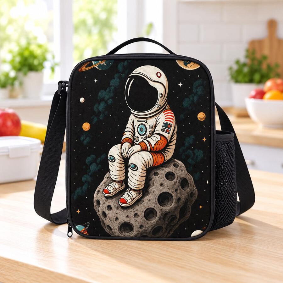 Astronaut On Asteroid And Planet Print Boys Children Lunch Bag, Black Zipper Handbag With Top Handle, Shoulder Strap And Side Mesh Pocket - ASTRONAUT-21 - View 1